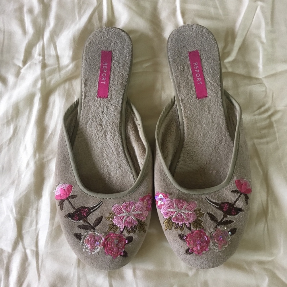Report Gray Suede Embroidered Floral Mules 6